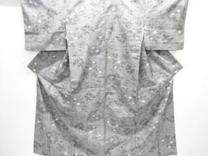 流水に垣根・草花模様織り出し手織り紬着物